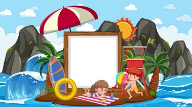 Sahilde gündüz vakti tatil yapan çocuklarla dolu boş afiş şablonu