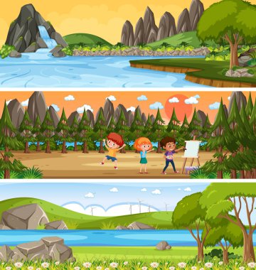 Çizgi film karakteri çizimi ile farklı panoramik doğa manzarası