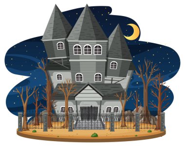 Gece vakti hayaletli ev illüstrasyonu