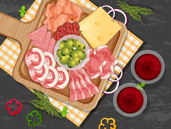 Piatto Salumi Carne Affumicata Sul Tavolo Illustrazione Sfondo — Vettoriale Stock