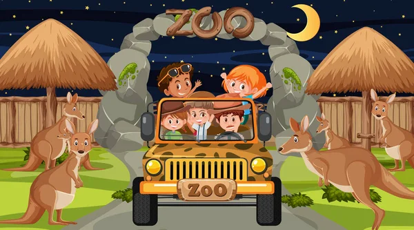 Safari Nachts Scène Met Veel Kinderen Kijken Kangoeroe Groep Illustratie — Stockvector