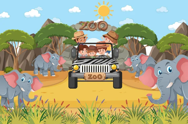 Safari Scene Met Kinderen Toeristische Auto Kijken Olifant Groep Illustratie — Stockvector
