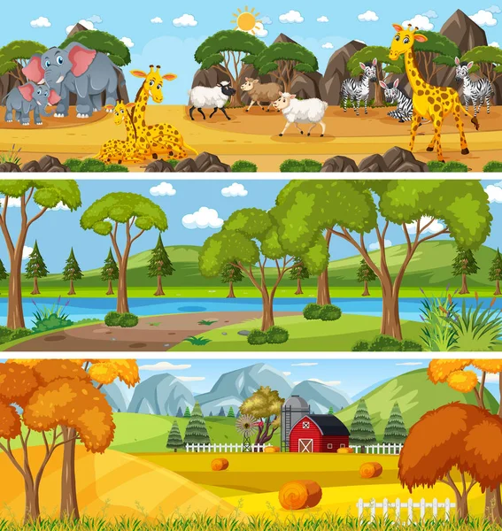 Panorâmica Paisagem Natureza Cena Set Com Desenho Animado Personagem Ilustração —  Vetores de Stock