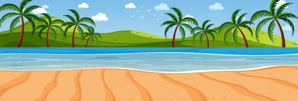 Panorama Paisaje Escena Con Muchas Palmeras Playa Ilustración — Vector de stock