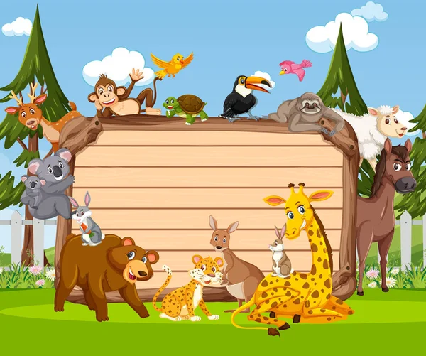 Placa Madeira Vazia Com Vários Animais Selvagens Ilustração Floresta — Vetor de Stock