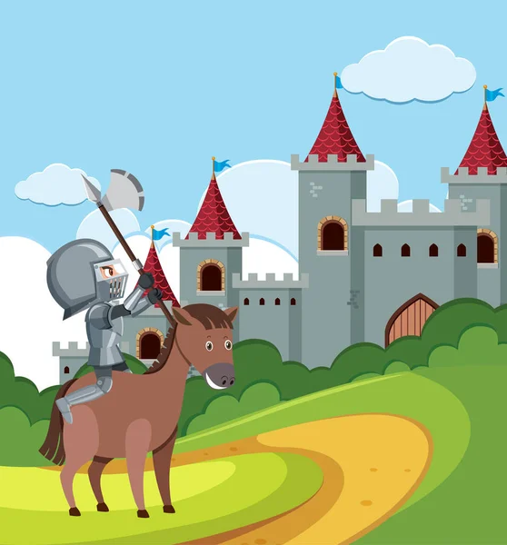 Ritter Reitet Pferd Vor Burg Illustration — Stockvektor