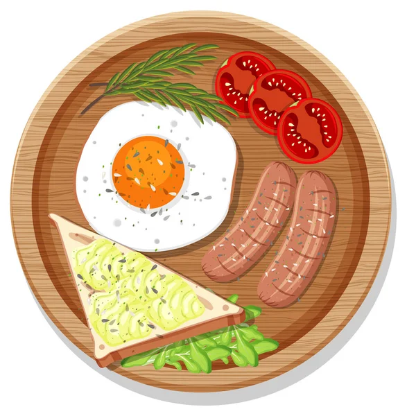 漫画風の孤立したイラストで皿にセットされた朝食のトップビュー — ストックベクタ