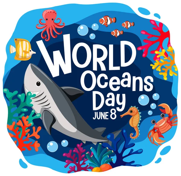 World Ocean Day Banner Many Different Sea Animals Illustration — Stock Vector