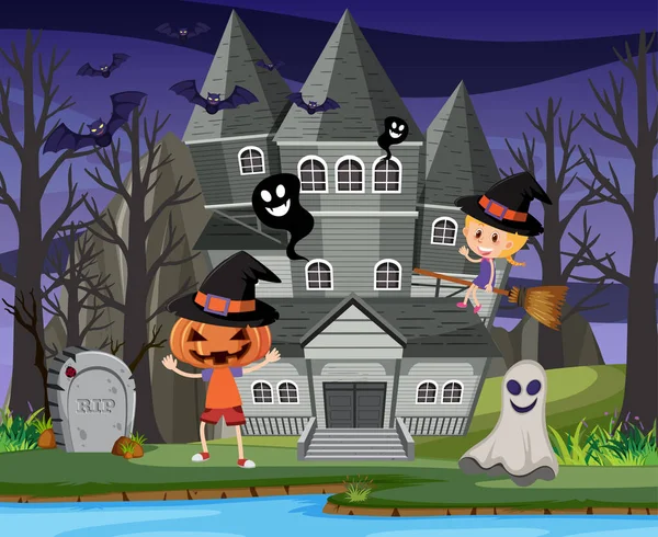Strašidelný Halloween Zámek Noci Ilustrace — Stockový vektor
