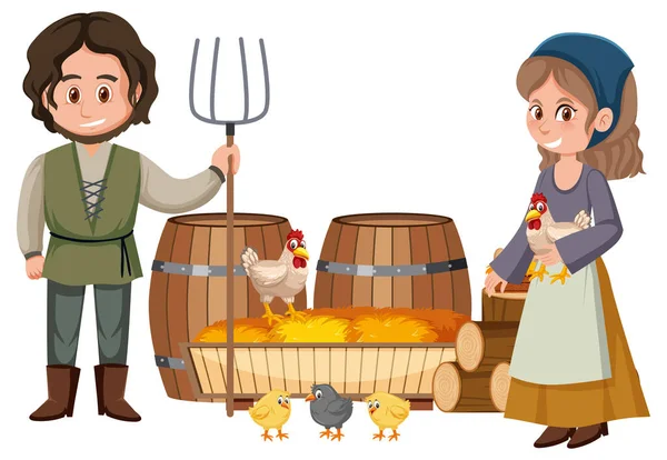 Couple Medieval Peasants Haystack Illustration — Stock Vector