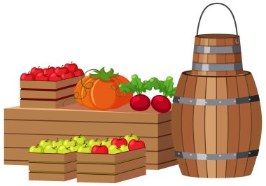 Tahta sandıkta meyveler ve ahşap fıçı çizimleri.