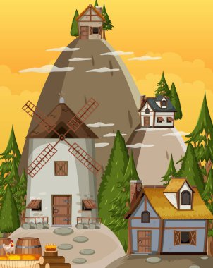 Yel değirmenli ve resimli ortaçağ köyü sahnesi