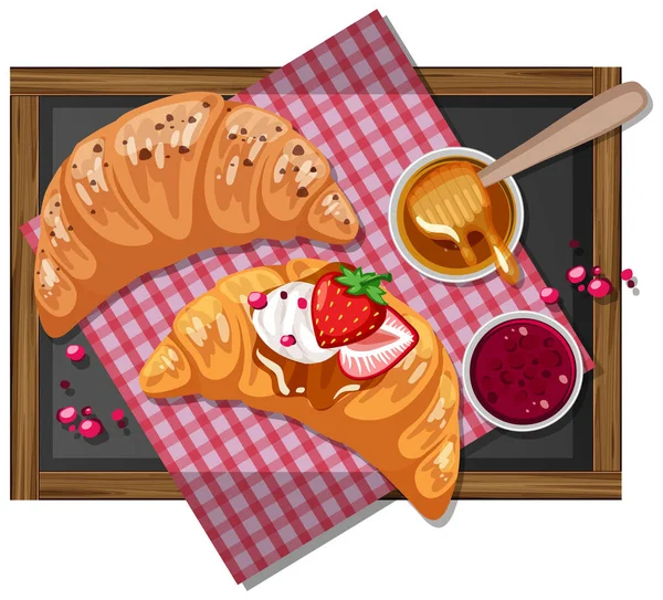 Frukost Croissant Med Jordgubbssylt Träplatta Isolerad Illustration — Stock vektor