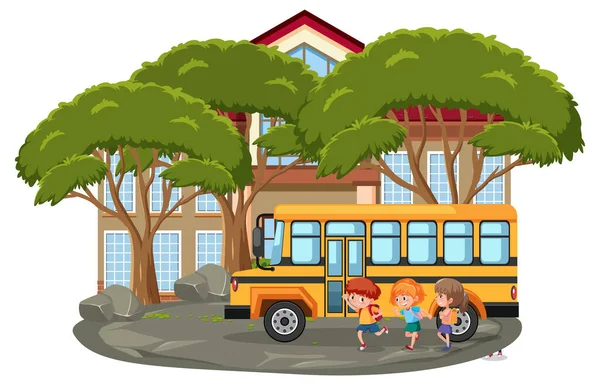 Escena Escolar Aire Libre Aislada Con Muchos Niños Ilustración Autobuses — Vector de stock