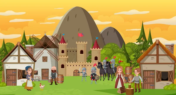 Cena Medieval Cidade Com Ilustração Aldeões Guerreiros — Vetor de Stock