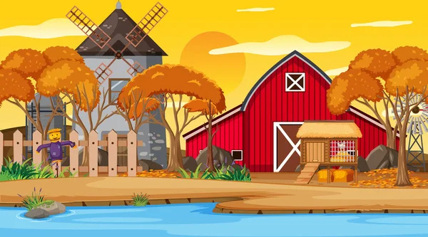 赤い納屋と風車のイラストと日没時のシーンで空の農場 — ストックベクタ
