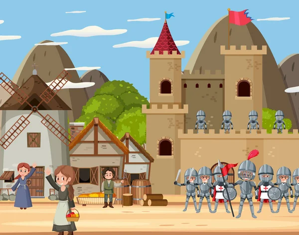 Cena Medieval Cidade Com Ilustração Dos Aldeões — Vetor de Stock