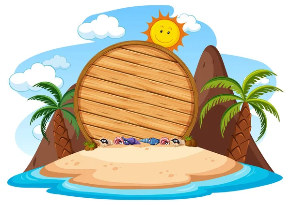 Empty Wooden Board Island Many Palm Trees Isolated Illustration — Stock Vector