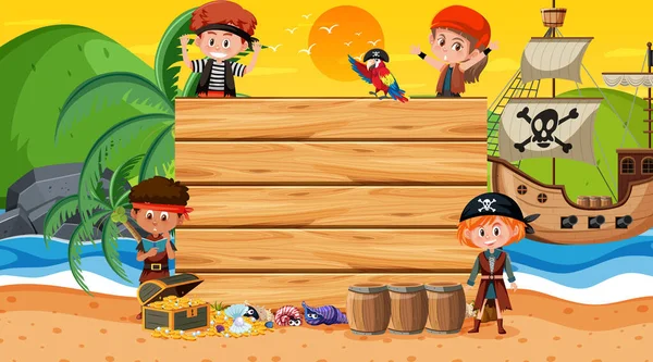 Modelo Banner Vazio Com Crianças Piratas Ilustração Cena Pôr Sol — Vetor de Stock