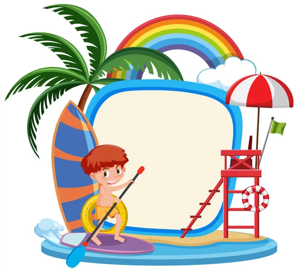 Modello Banner Vuoto Con Molti Bambini Vacanza Estiva Spiaggia Illustrazione — Vettoriale Stock