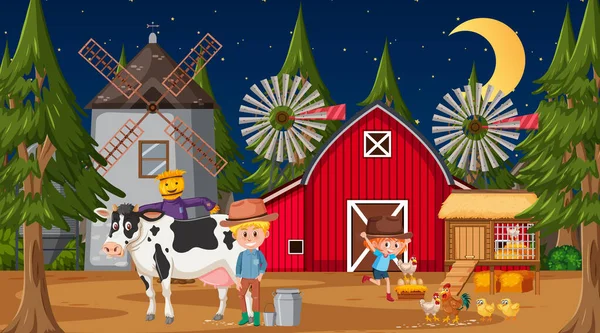 Фермерская Сцена Ночное Время Многочисленными Детскими Мультперсонажами Фермерскими Животными Иллюстрация — стоковый вектор
