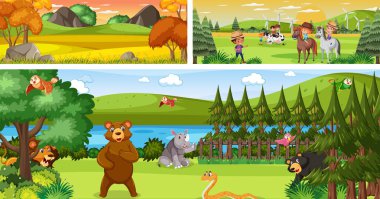 Çizgi film karakteri çizimi olan açık hava panoramik manzara seti