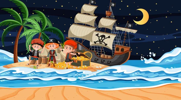 Skattkammarön Scen Natten Med Pirate Kids Illustration — Stock vektor
