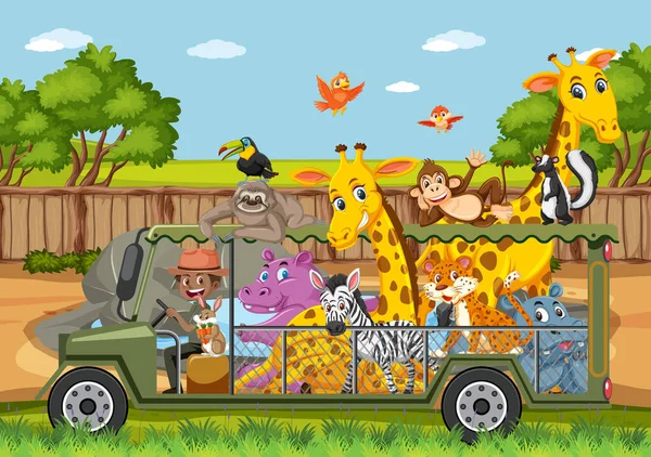 Scène Zoo Avec Des Animaux Heureux Dans Cage Illustration Voiture — Image vectorielle