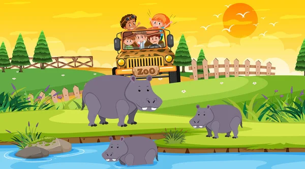 Dierentuin Bij Zonsondergang Tijd Met Veel Kinderen Kijken Hippopotamus Groep — Stockvector