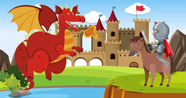 Ritter Kämpfen Mit Drachen Auf Der Burg Illustration — Stockvektor