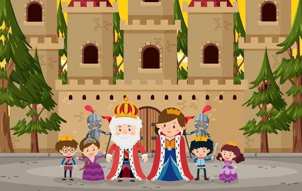 Feliz Familia Real Frente Ilustración Del Castillo — Archivo Imágenes Vectoriales