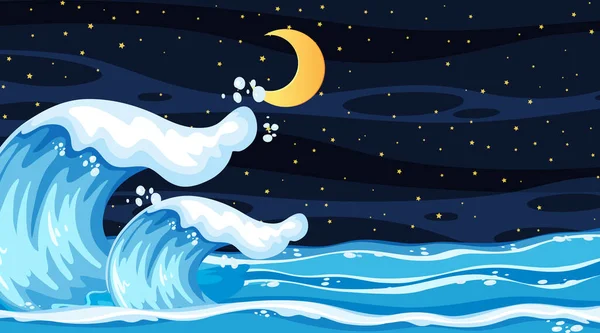 Strand Táj Éjszakai Jelenet Óceán Hullám Illusztráció — Stock Vector
