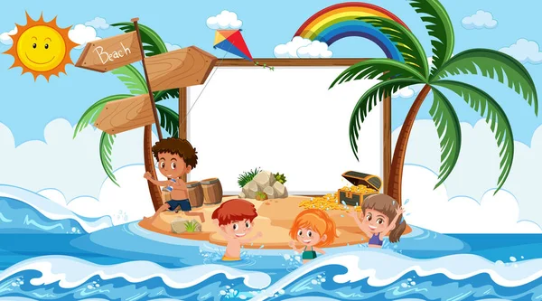 Пустой Шаблон Баннера Детьми Отдыхе Пляже Дневная Сцена Иллюстрация — стоковый вектор
