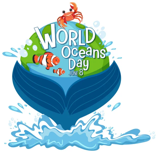 World Ocean Day Banner Whale Tail Isolated Illustration — Stock Vector