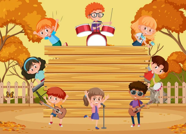 Leere Holztafel Mit Kindern Die Verschiedene Musikinstrumente Spielen Illustration — Stockvektor