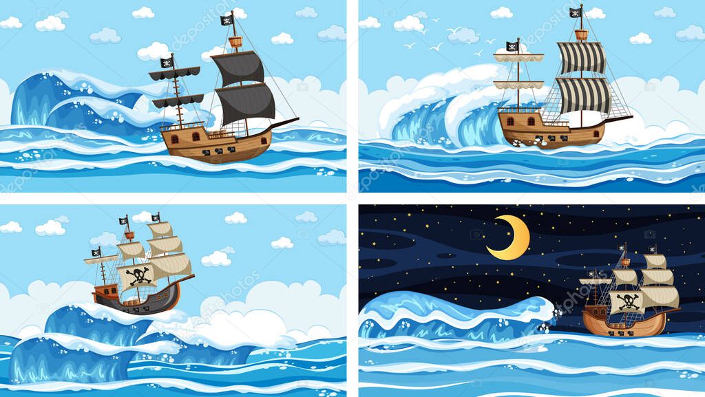 Set of Ocean with Pirate ship at different times scenes  in cartoon style illustration