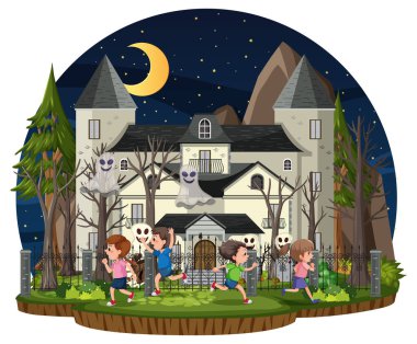 Gece vakti hayaletli ev illüstrasyonu