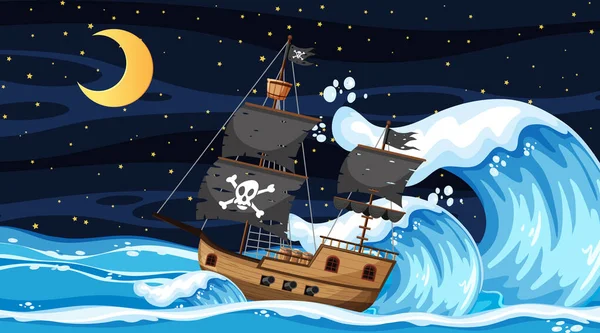 Ocean Pirate Ship Night Scene Cartoon Style Illustration — Stock Vector