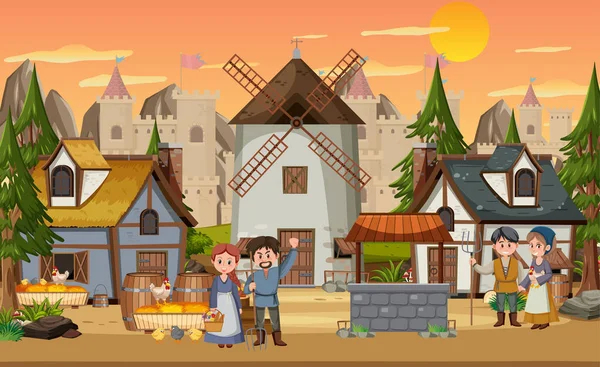 Medieval Town Sunset Time Scene Villagers Illustration — Stock Vector