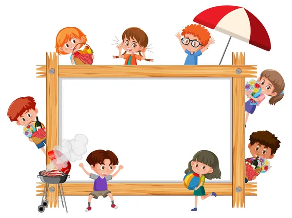 Empty Wooden Frame Many Children Cartoon Character Illustration — Stock Vector