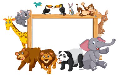 Çeşitli vahşi hayvan resimleriyle dolu boş ahşap çerçeve