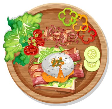 Çizgi film tarzında izole edilmiş bir resimde kahvaltı setinin üst görüntüsü