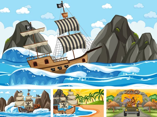 Conjunto Cenas Diferentes Com Navio Pirata Mar Animais Ilustração Zoológico —  Vetores de Stock