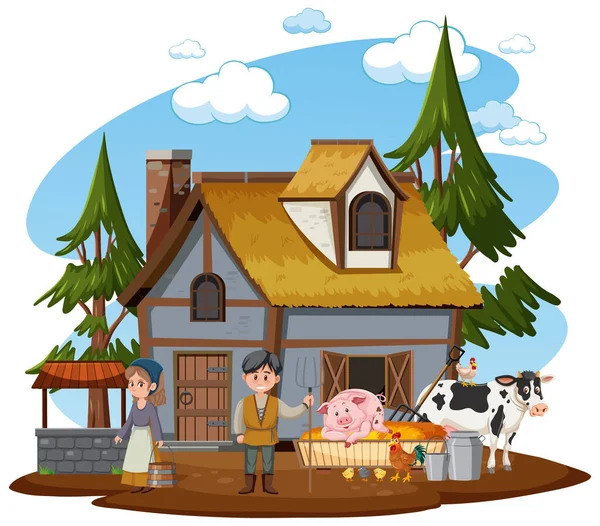 Beyaz Arkaplan Resimli Antik Çiftlik Evi — Stok Vektör