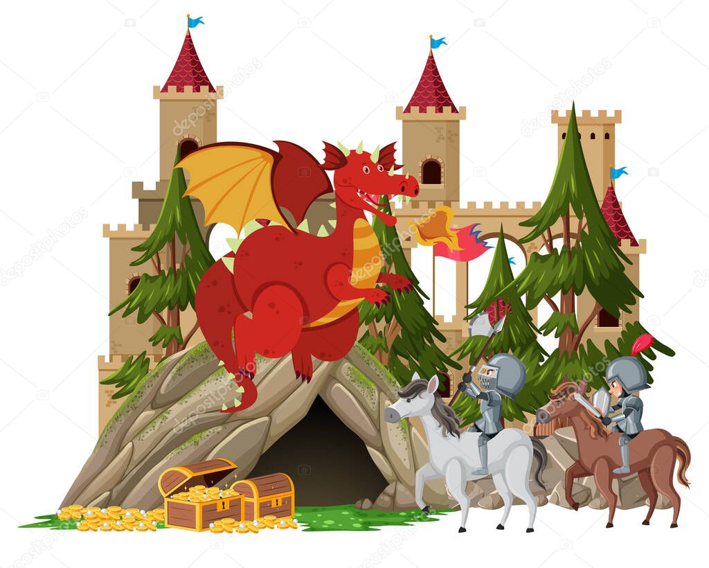 Knights fight with dragon at the castle illustration