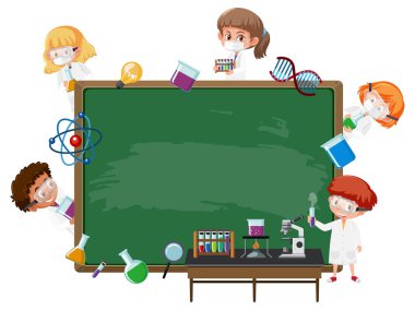 Bilim adamı temalı resimde çocukların olduğu boş bir karatahta