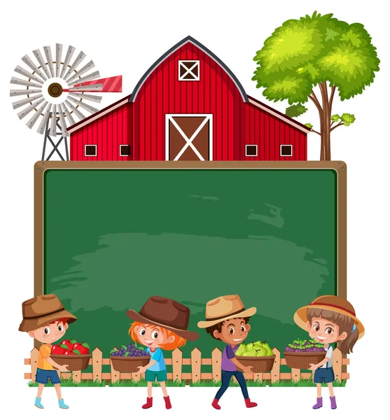 Pizarra Vacía Con Niños Agricultores Granero Ilustración — Vector de stock