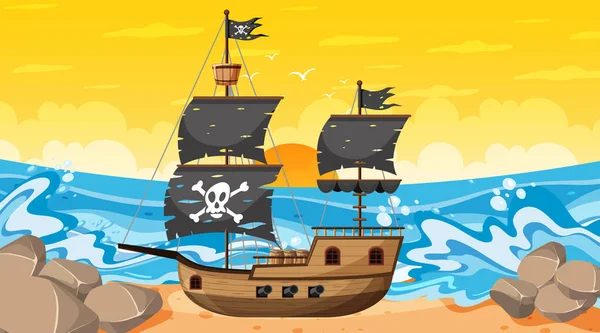 Oceano Com Navio Pirata Pôr Sol Cena Estilo Cartoon Ilustração — Vetor de Stock