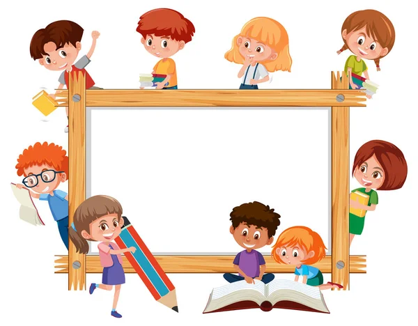 多くの学校の子供漫画のキャラクターイラストと空の木製フレーム — ストックベクタ