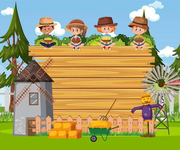 Tablero Madera Vacío Con Niños Agricultores Escena Granja Ilustración — Vector de stock